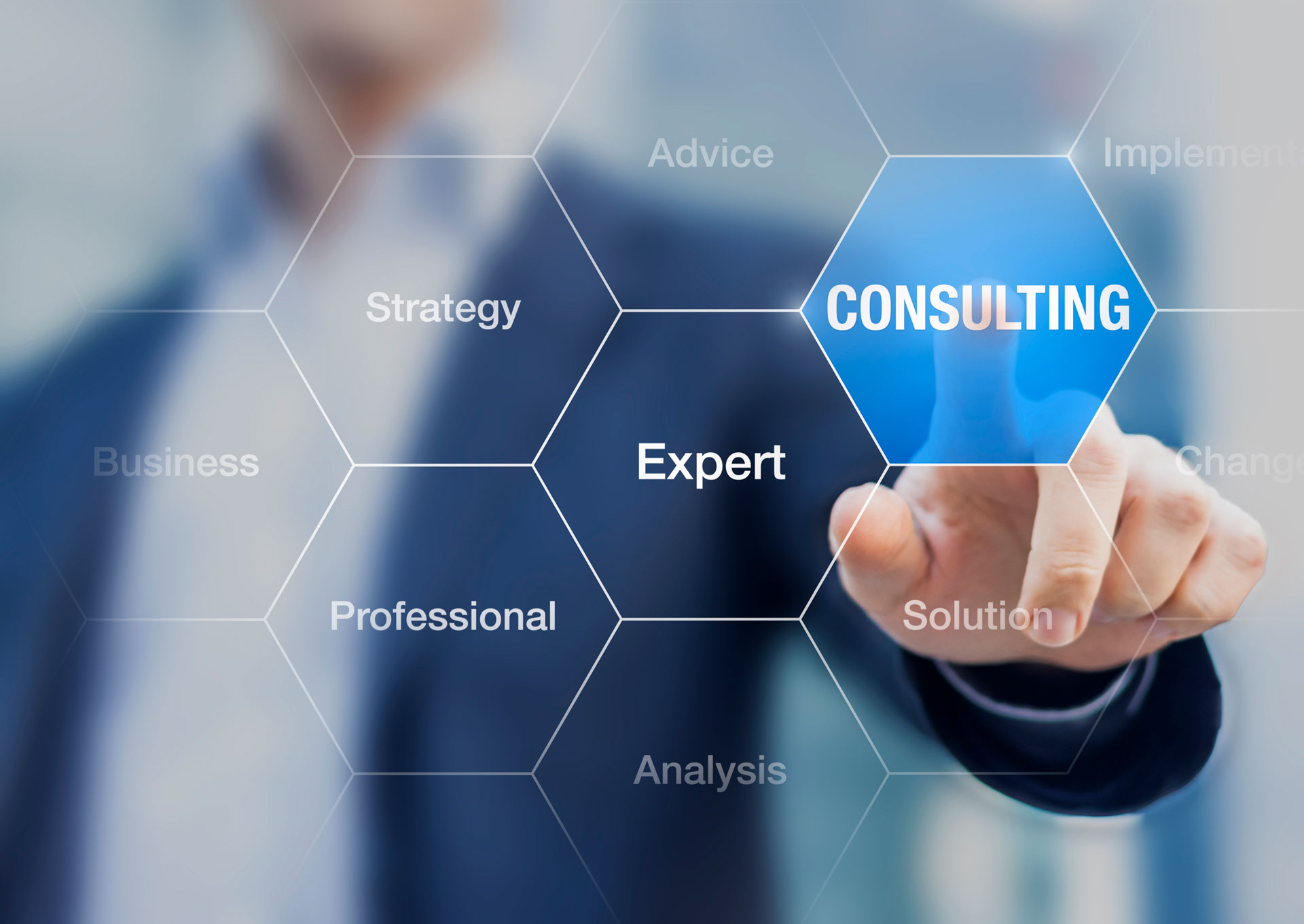 service matrix including consulting, solutions, strategy, Professionals, Analysis, Implementation, Change management depicting a medical professional selecting medical consulting services